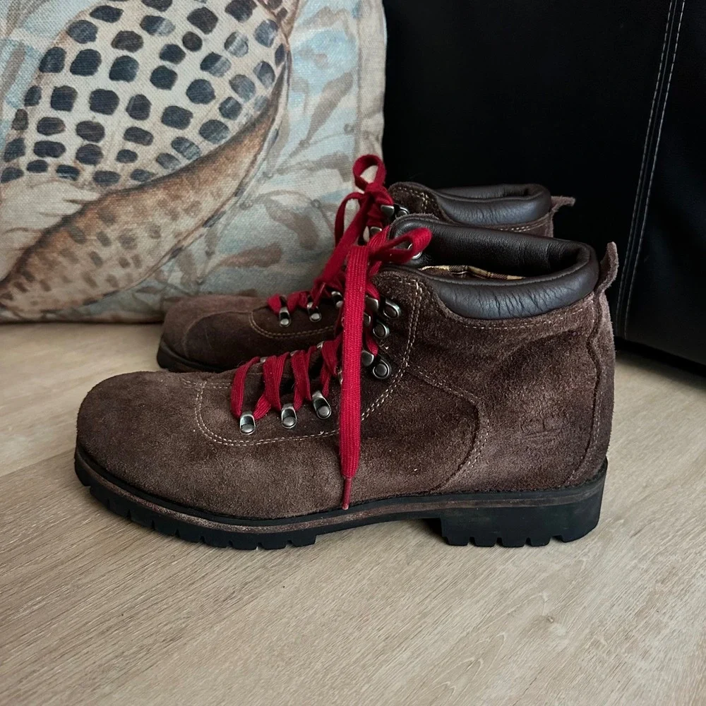 Timberland Dardin Hiker Boots Brown Suede Red Laces Mens 9.5M Vintage Gorpcore
